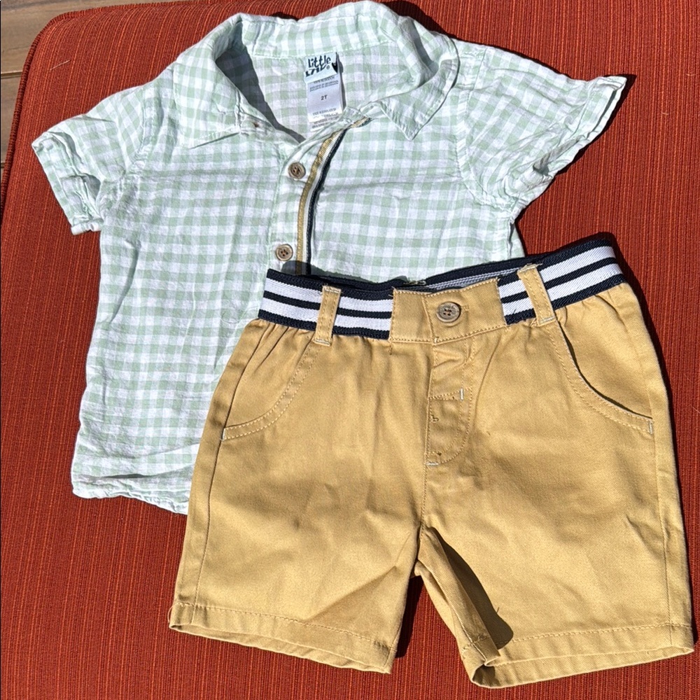 Green Plaid Button Down Collared Shirt and Tan Shorts Kids Matching Set